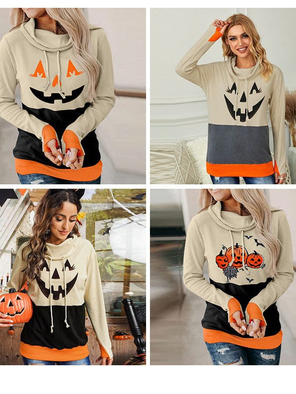 Casual Pumpkin Print Sweatshirt with Pile Collar for Women
