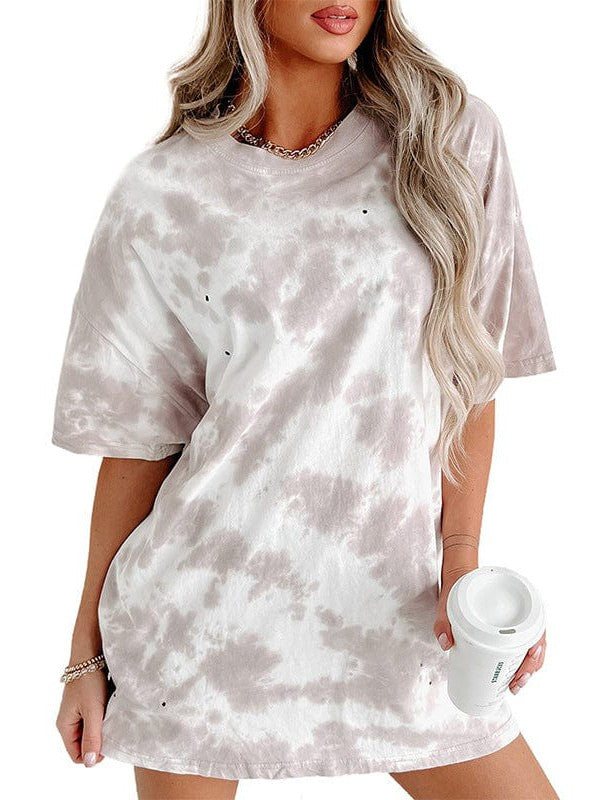 Oversized Women's Tie-Dye Round Neck T-Shirt with Mid-Length Loose Top