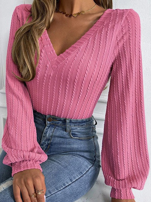 Slim Fit V-Neck Lantern Sleeve Sweater for Women