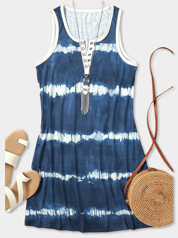 Tie-dye stripe sleeveless dress with round neck and buttoned skirt