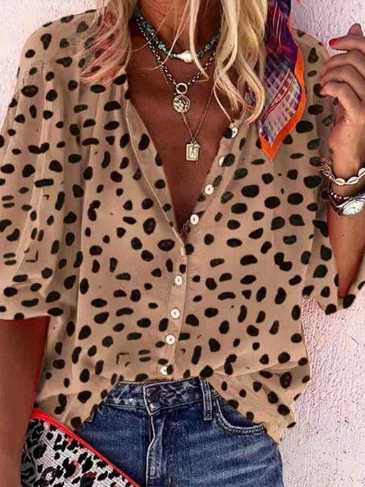 Leopard Print Contrast Shirt with Three-Quarter Sleeves and Retro Style Lapel