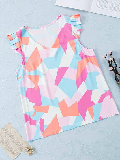 Geometric Pattern Polyester Chiffon Shirt with V-Neck and Ruffled Sleeves for Women
