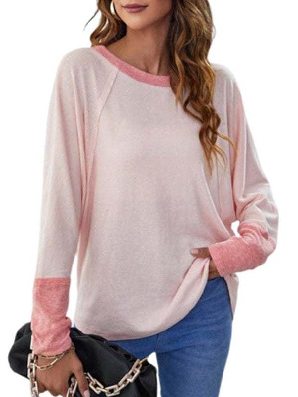 Stylish Loose Bat Sleeve Pullover with Contrast Colors for Women
