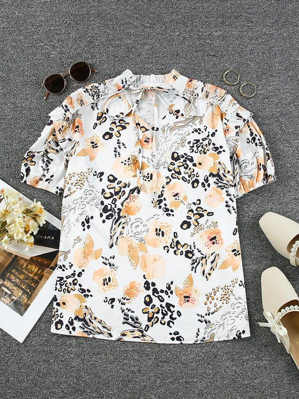 Fashionable Leopard Print V-Neck Short-Sleeved T-Shirt with Lantern Sleeves for Women