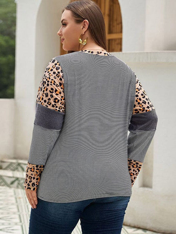 Leopard Print Striped Long Sleeve Plus Size Pullover for Women