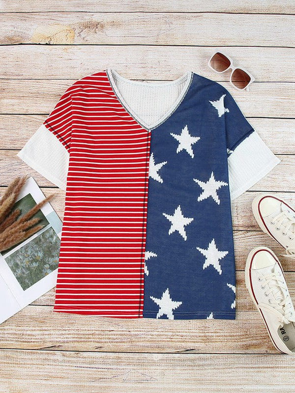 Casual V-Neck Striped Knit Top with Star Print and Short Sleeves