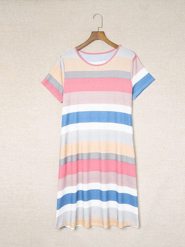 Casual Striped T-Shirt Dress with Loose Fit and Short Sleeves for Women