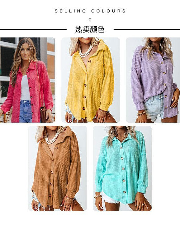 Solid Color Women's Waffle Blouse with Stand Collar and Pocket