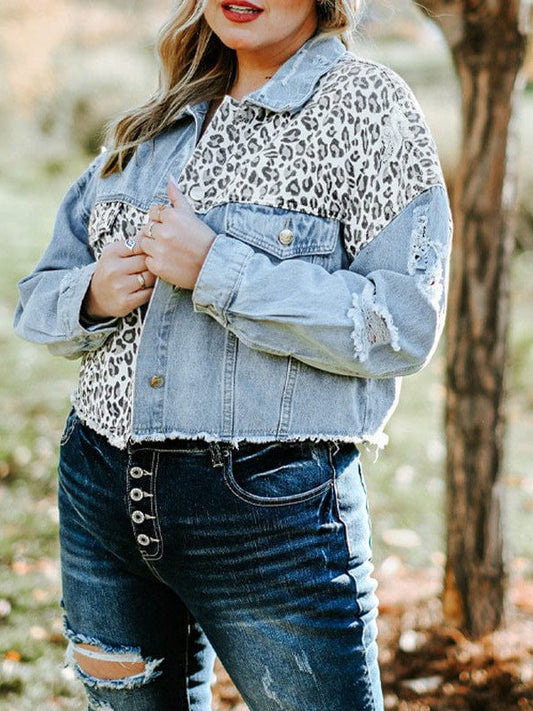 Leopard Print Casual Denim Jacket for Plus Size Women with Stylish Details