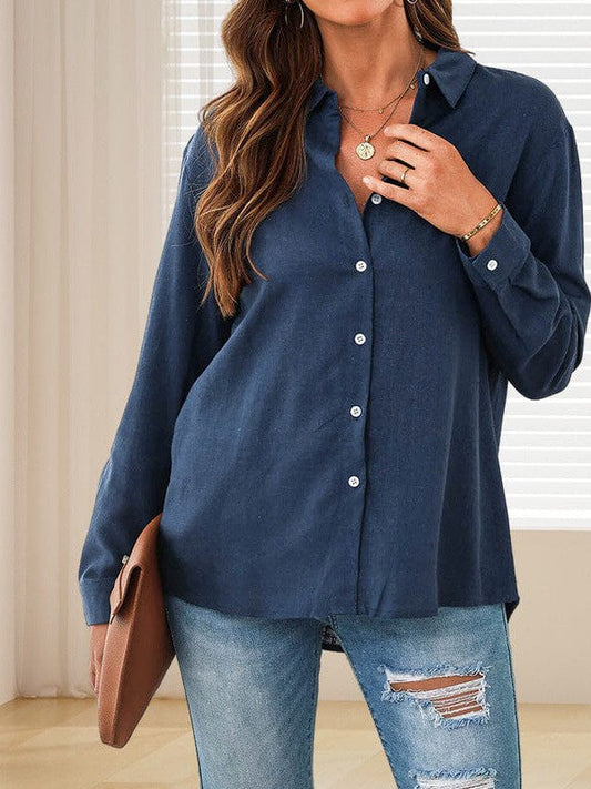 Buttoned Lapel Loose Cardigan Top with Long Sleeves in Polyester Blend Fabric
