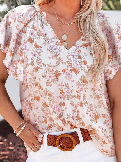 Women's Loose Floral Chiffon Pullover Shirt with Short Sleeves and Casual Style