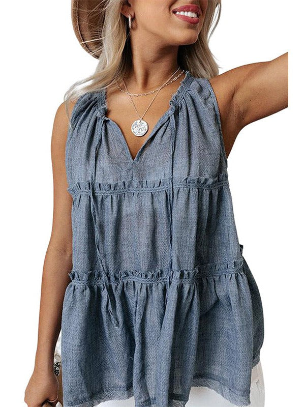 Ruffled Sleeveless V-Neck Top with Loose Fit and Pullover Style