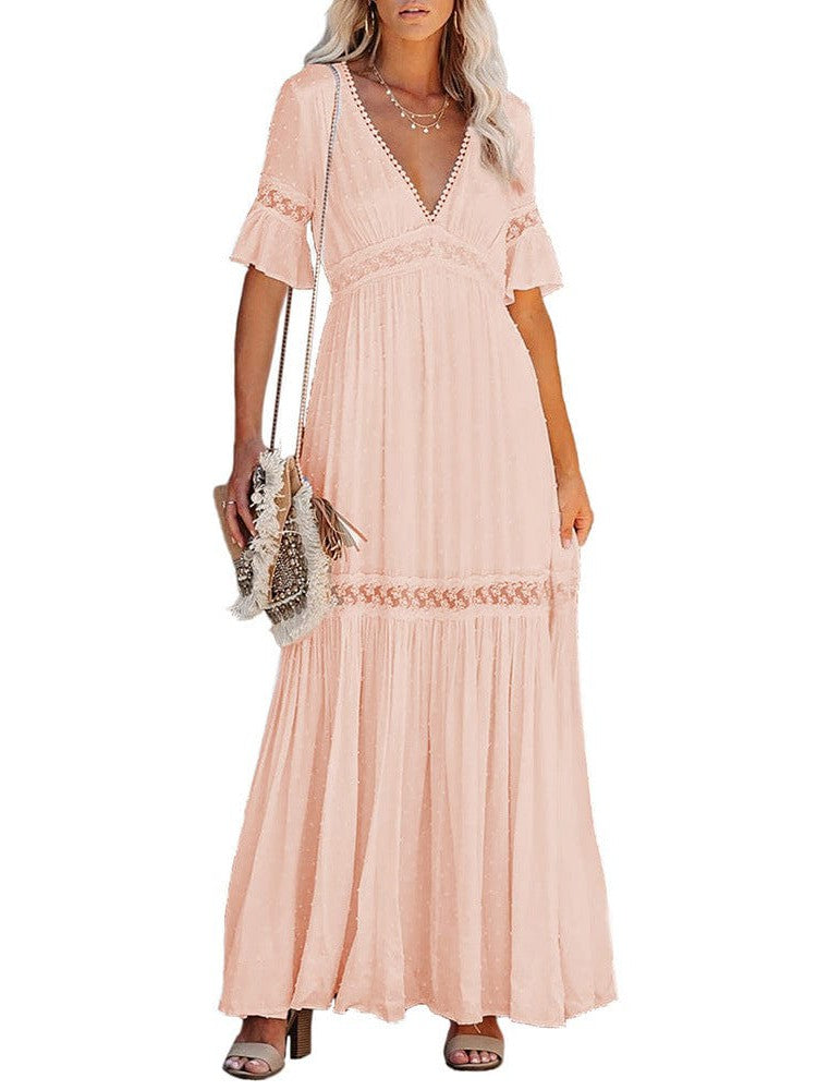 Bamboo Lace V-Neck Long Dress with Collage Detail - Women's Chiffon Maxi Dress