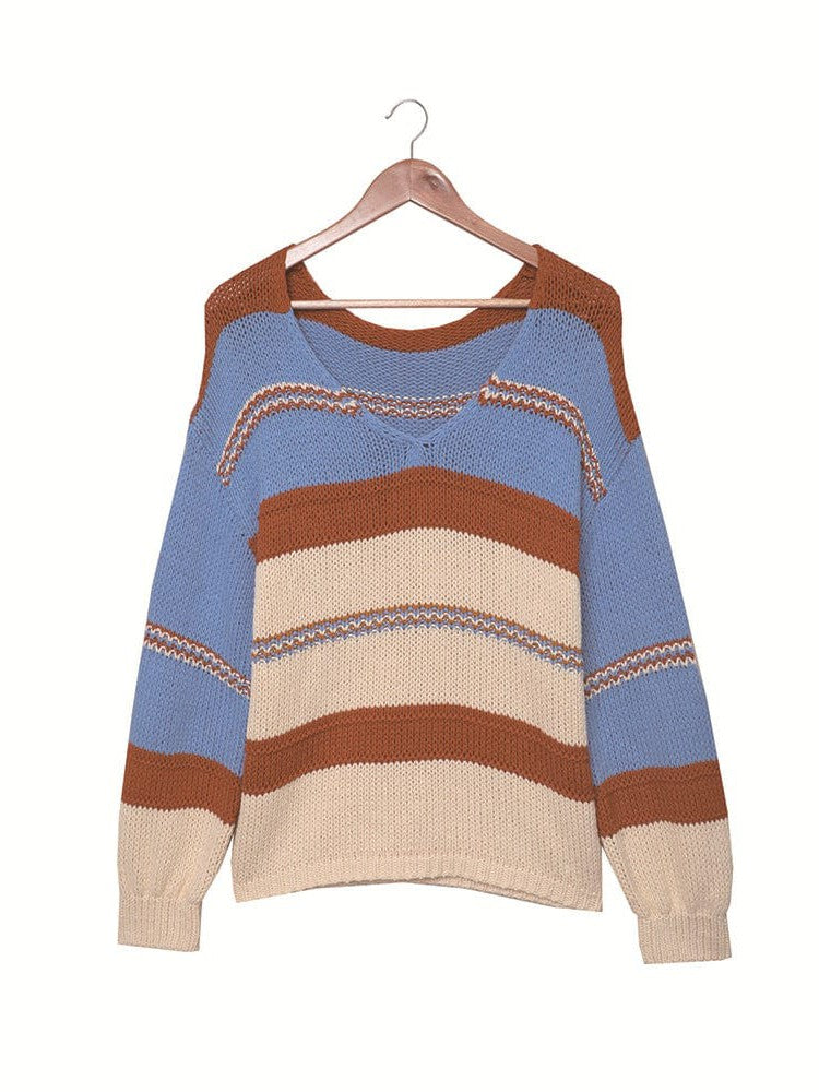 Striped Pullover Women's Sweater with Long Sleeves for Casual Wear