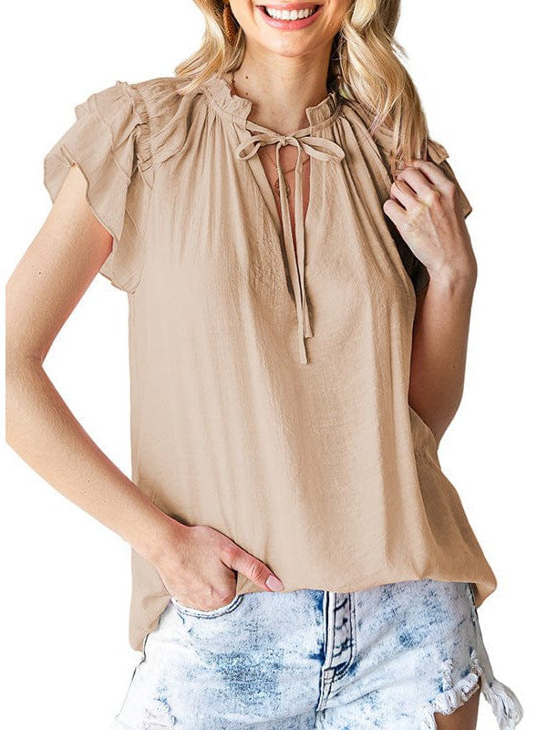 V-Neck Puff Sleeve Cotton Blend Top with Short Sleeves