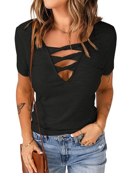 Sexy Striped Hollow Knit Top with Short Sleeves