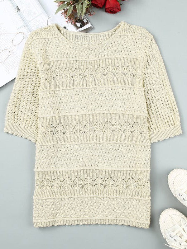Retro Hollow Knitted Pullover Women's T-Shirt with Short Sleeves