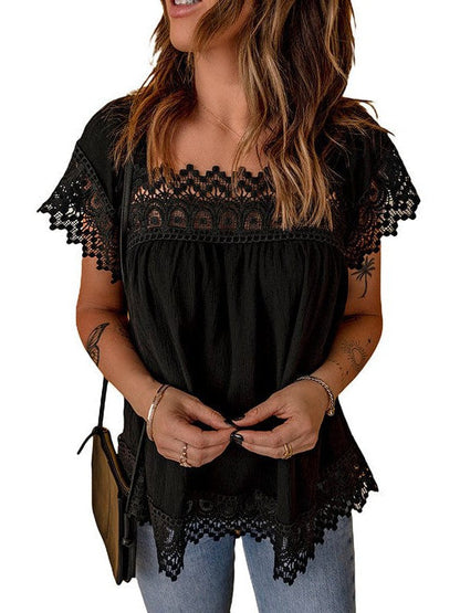 Lace Square Neck Short Sleeve Pullover for Women