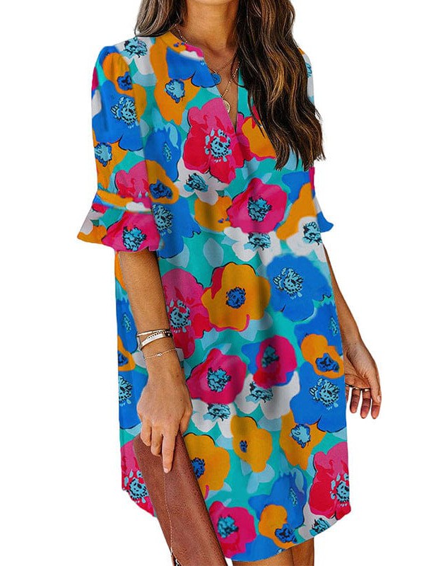 A-line V-neck Women's Dress with Ruffle Sleeves and Floral Print on a Three-Quarter Sleeve Skirt or
Trendy Loose Ruffle Sleeve Dress with V-neck and A-line Skirt in Floral Print