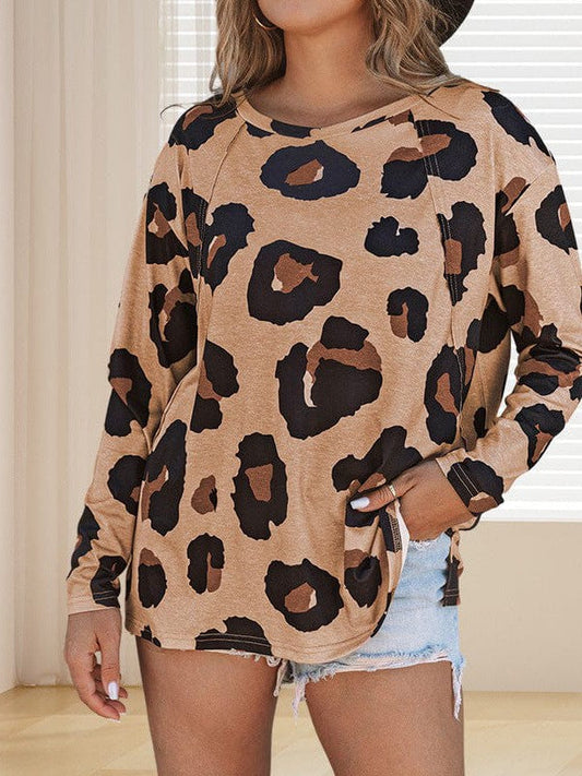 Casual Leopard Print Long Sleeve Top for Women with Spandex Blend