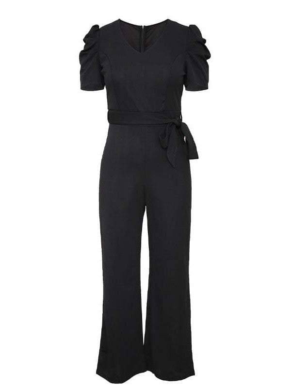 Women's Twisted Silk V-Neck Jumpsuit with Flared Waist Trousers and Pockets