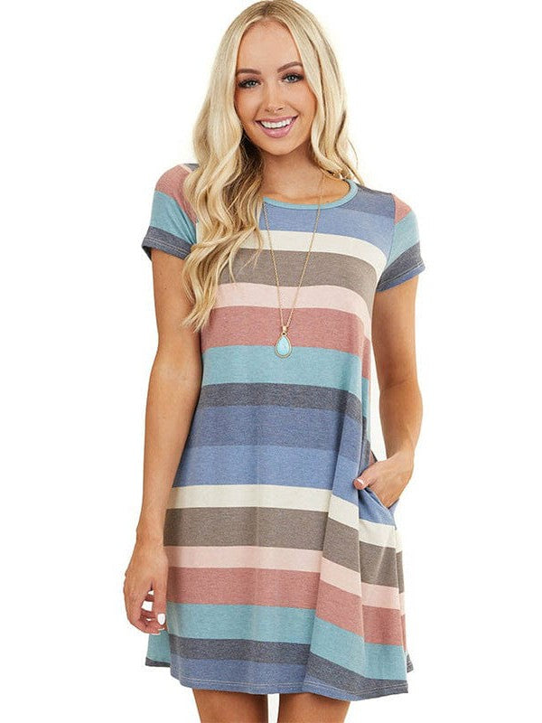 Casual Striped T-Shirt Dress with Loose Fit and Short Sleeves for Women