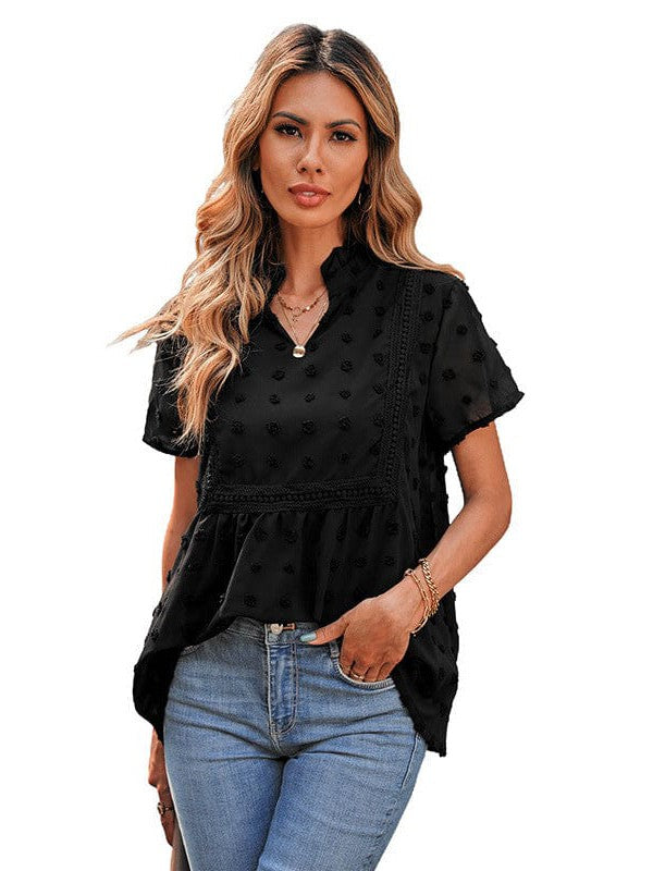 Solid Color Jacquard Chiffon Women's Short-Sleeved Blouse