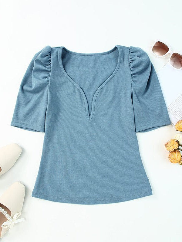 Stylish Women's V-Neck Puff Sleeve Slim Fit T-Shirt with Short Sleeves