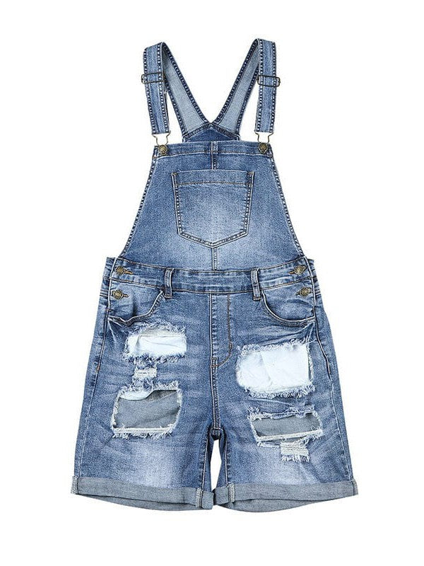 Simple Style Sky Blue Ripped Denim Overalls with Cute Wind Sleeves