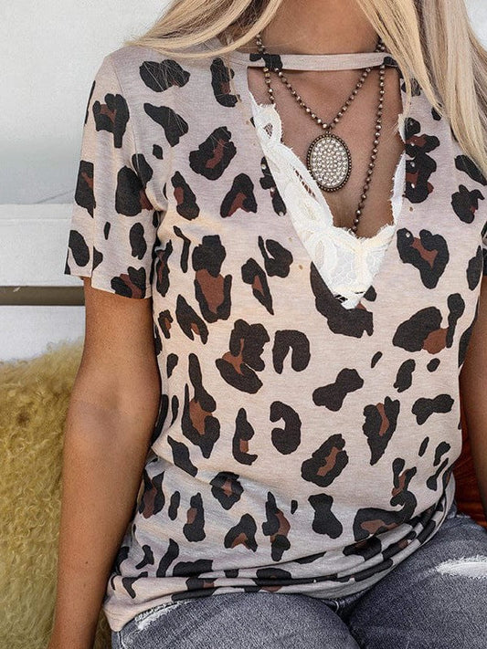 Leopard Print Lace V-Neck Short-Sleeve Top for Women