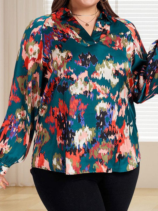 Stylish floral print satin chiffon v-neck blouse with loose fit for plus size women