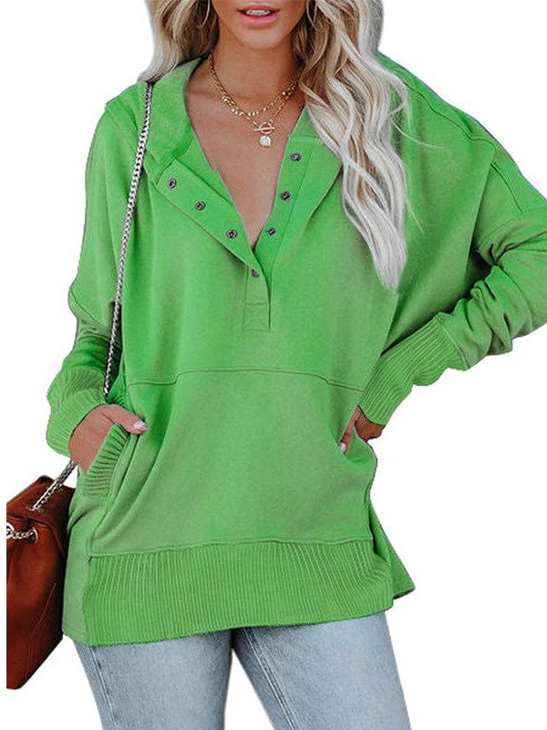 Loose Fit V-Neck Hooded Batwing Sweatshirt with Patchwork Buttons