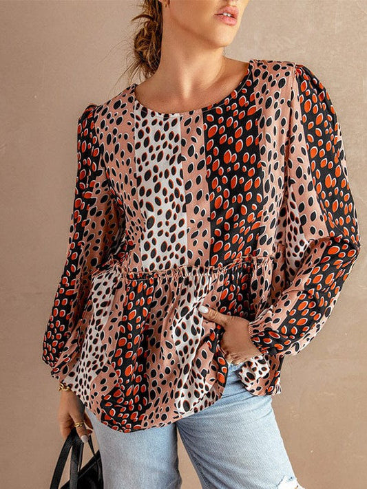 Leopard Print Long Sleeve Polyester T-shirt with Loose Fit and Round Neck