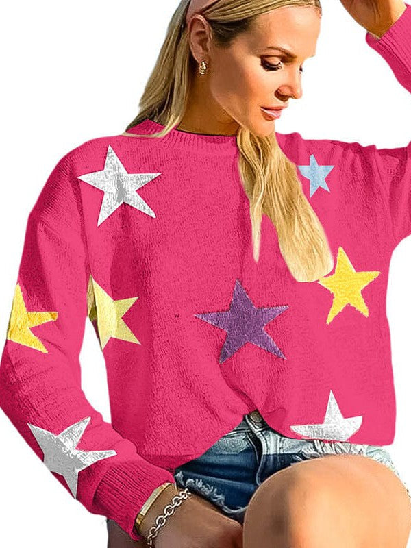 Loose Fit Sweater with Star Print for Women's Casual Style