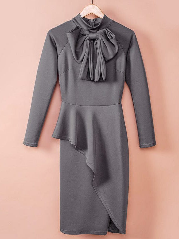 Unique Dress with Half Turtleneck and Pleated Bow Belt