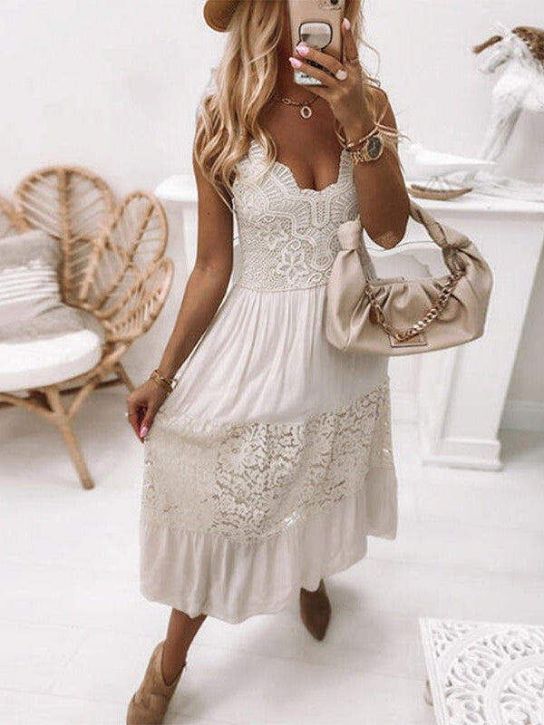White Lace Suspender Midi Skirt with Sexy V-Neck and Backless Detail