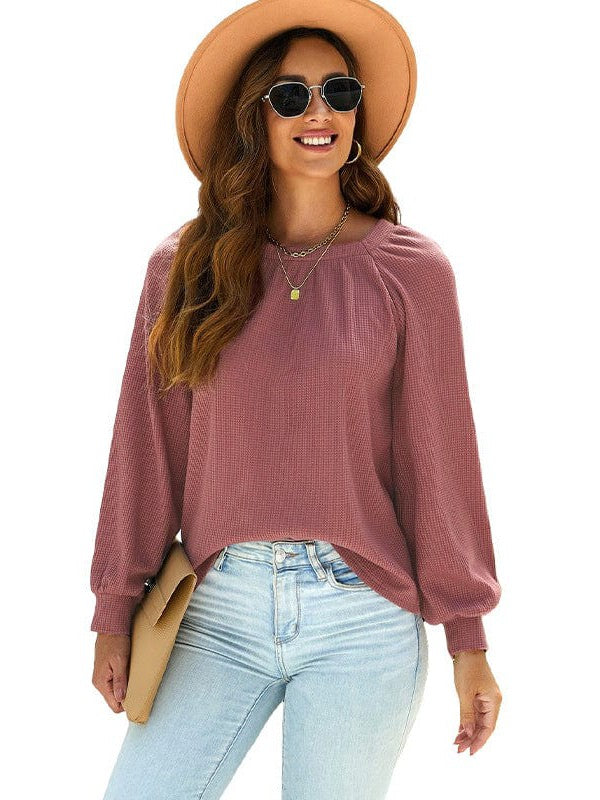 Solid Color Loose Waffle Women's Pullover with Square Neck and Bottoming Shirt