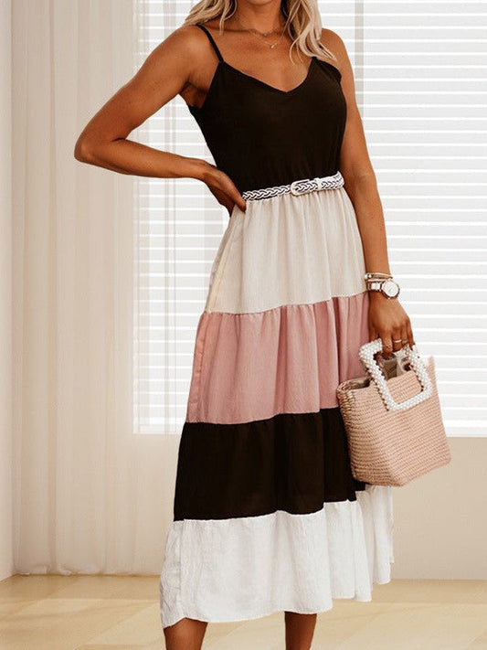 Vacation Ready V-Neck Dress with Waist Slimming Detail and Versatile Long Skirt