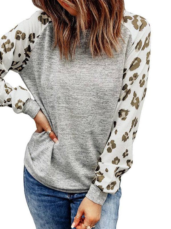 Leopard Print Loose Top with Round Neck for Women