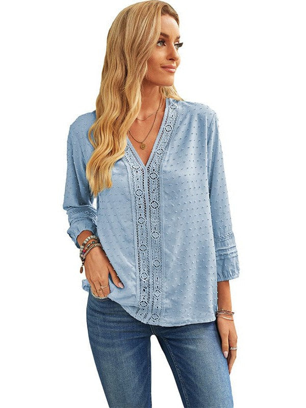 Women's Polka Dot Jacquard Shirt with Hollow Lace V-Neck for a Stylish Look