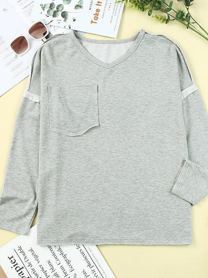 Women's Loose V-Neck Long-Sleeved Solid Color T-Shirt with Pocket