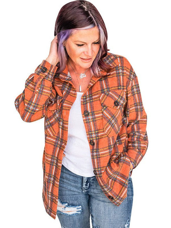 Versatile Lapel Plaid Loose Shirt Jacket for Women in Plus Size
