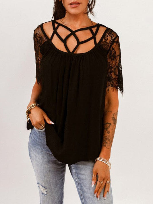 Ladies' Casual Lace Hollow Short-sleeve Top in Solid Color Quarter Loose Fit