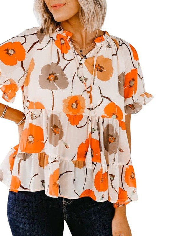 Ruffled Sleeve Floral Print Chiffon Top with Short Sleeves for Women