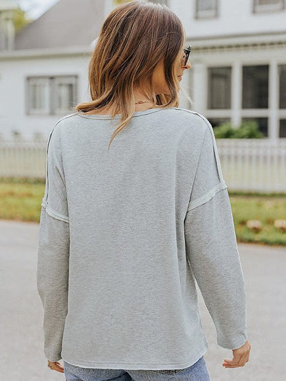 Women's Loose V-Neck Long-Sleeved Solid Color T-Shirt with Pocket