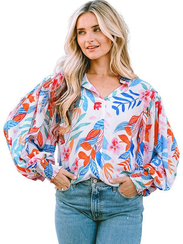 Flower Pattern Loose Fit Batwing Sleeve V-Neck Women's Top Casual Pullover