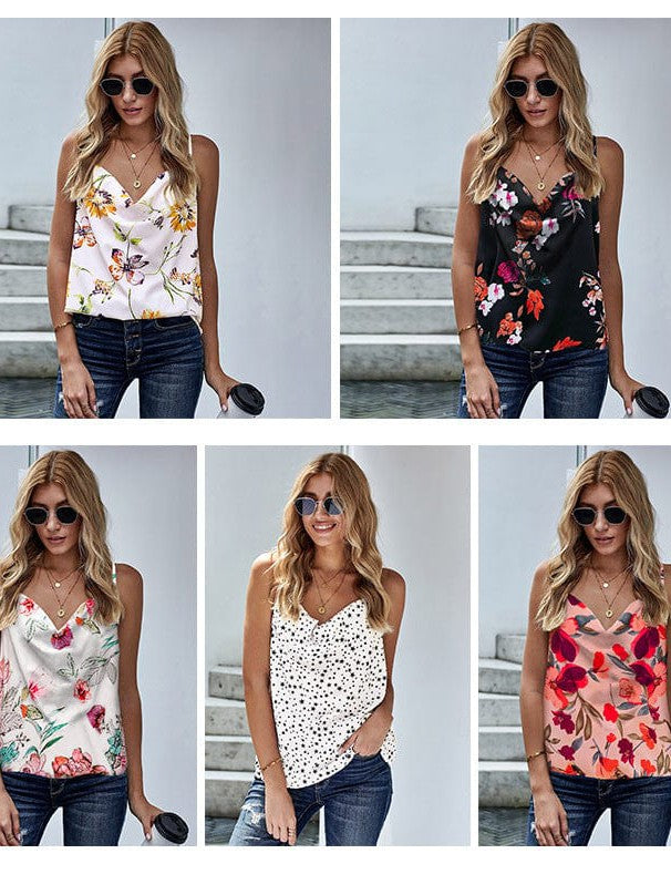 V-Neck Pleated Camisole with Floral Print for Women
