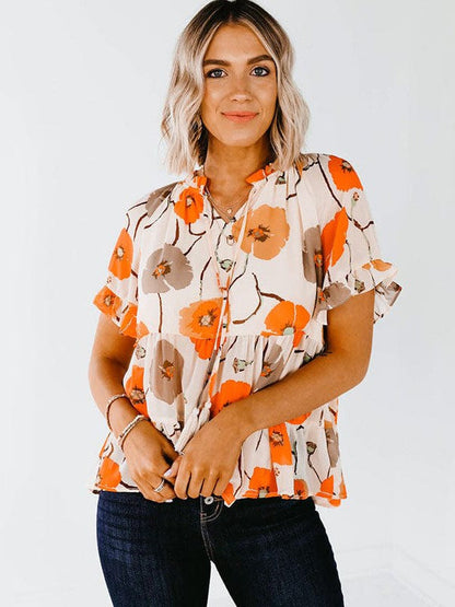 Ruffled Sleeve Floral Print Chiffon Top with Short Sleeves for Women