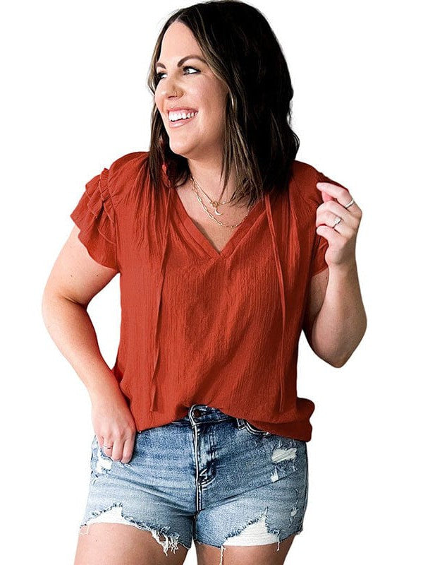 Simple V-Neck Plus Size Top with Ruffled Sleeves for Women in Solid Color