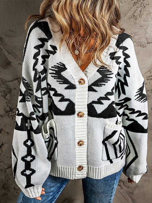 Jacquard Geometric Patterned Sweater Coat with Long Sleeves Women's Knit Cardigan